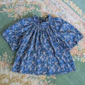 J CREW Women Sz L Shirt Floral Liberty Blue Smocked Ruffle Tie Back Cotton Swing